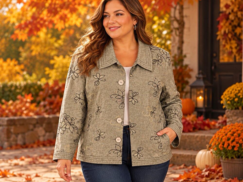 Requirements Women Green Linen Blend Embroidered Button Jacket XL Mature Office